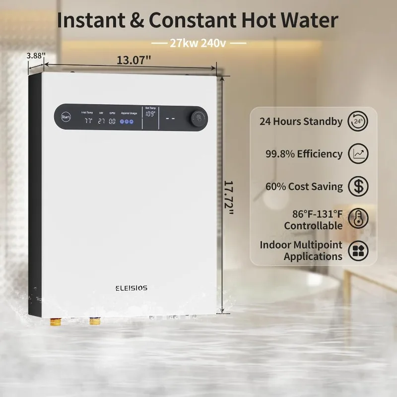 Tankless Water Heater Electric,27KW 240V On Demand Instant Hot Water Heater LED Digital Display,Self Modulates Save Energy Use