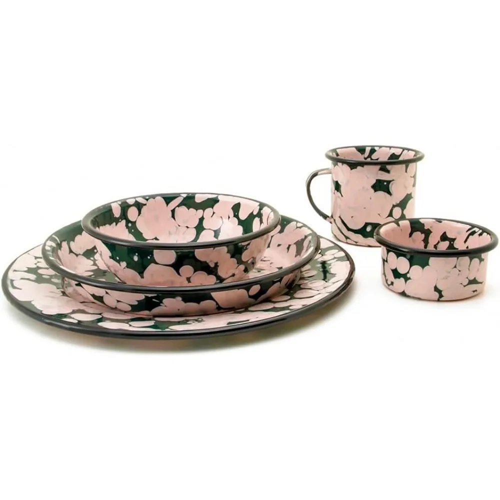 Dish 20-Piece Tableware Set of Plates Dinner Sets Green & Pink Splattered Plate Bowls Ceramic Dishes to Eat Ramekins Mugs Food