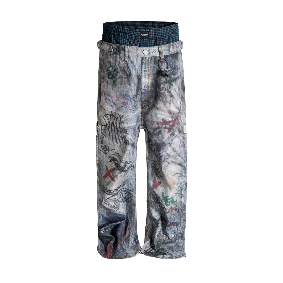 Fake Two Pieces Double Waist Graffiti Baggy Jeans Pants for  Men and Women Streetwear 3D Print Denim Trousers