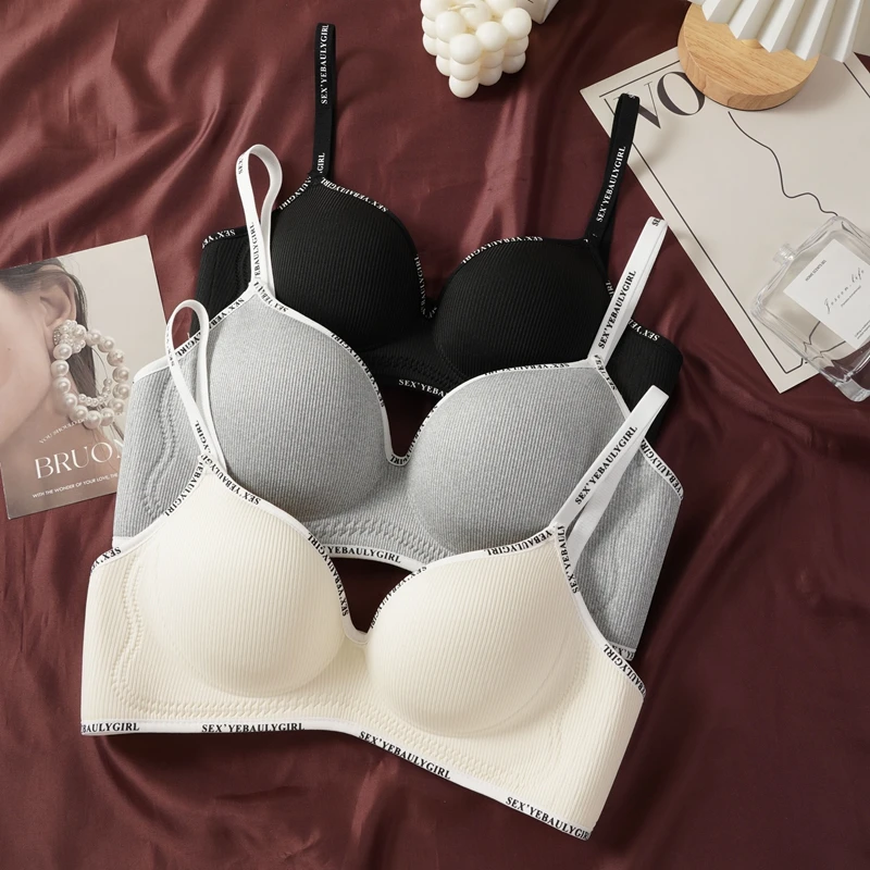 Women Ribbed Wireless Bra Letter Print Trim Adjustable Thin Straps Soft Seamless Daily Push Up Ladies Brassiere Lingerie