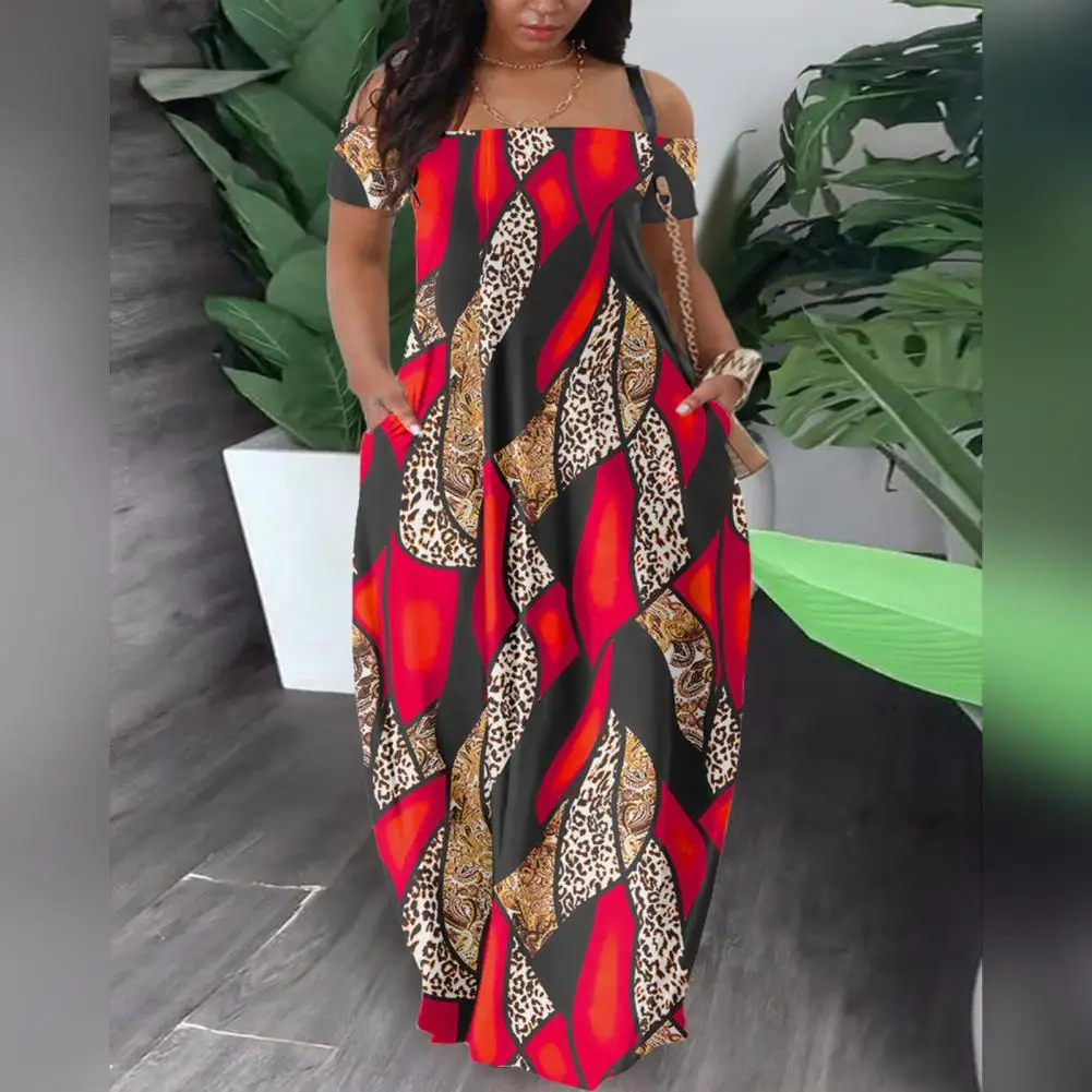 Wide Waist Printed Dress Colorful Digital Print Off Shoulder Maxi Dress with Backless Design Pockets for Women Plus Size Soft