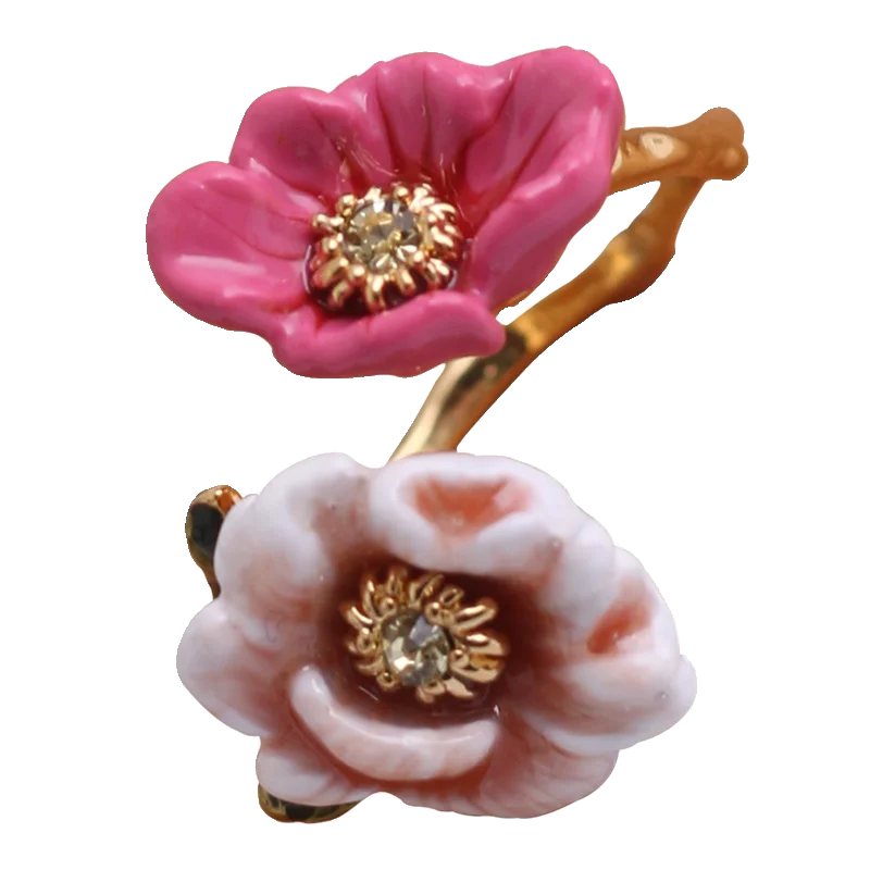 Fashion Fairy Countryside Style Handmade Enamel Pink Flower Niche Design Cute 3D Blossom Adjustable Copper Ring Jewelry for Girl