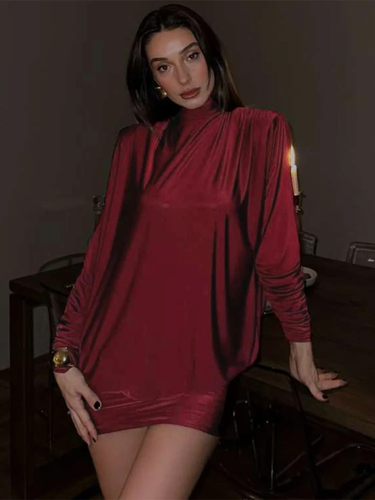 Kliou Sexy Backless Mini Dress Woman Autumn Trend Turtleneck Full Sleeve Hot Girl Midnight Birthday Party Ruched Elegant Bodycon