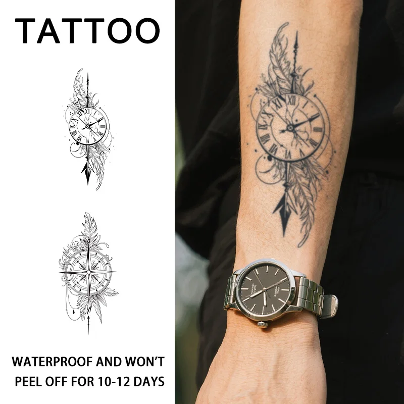 

Временные татуировки-наклейки «Компас и перо», долговечные, водонепроницаемые, на один-два недели, для мужчин и женщин, на руку, ногу