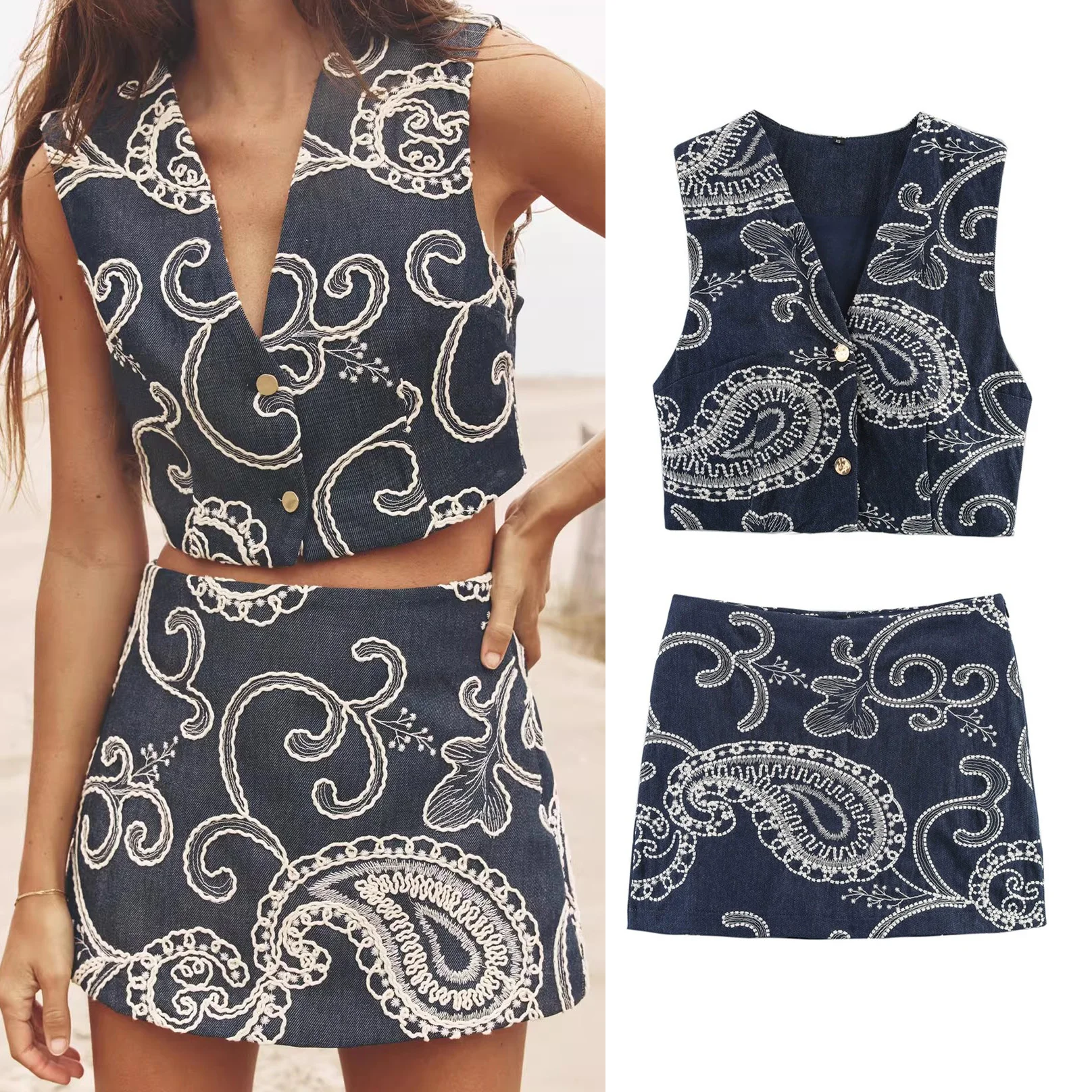 

PRINTKAOIR 2025 новый летний женский повседневный модный удобный короткий жилет с v-образным вырезом и вышивкой + мини-шорты с высокой талией