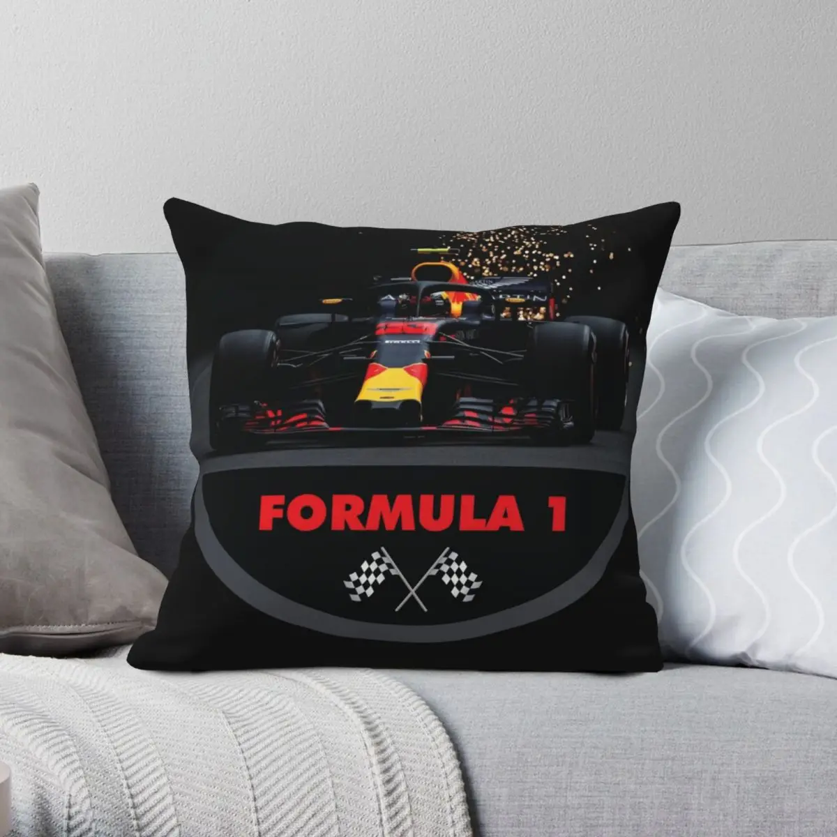 F1 Car Racing Square Pillowcase Cotton Pattern Zip Decorative Throw Pillow Case Sofa Cushion Cover 18x18 Inch