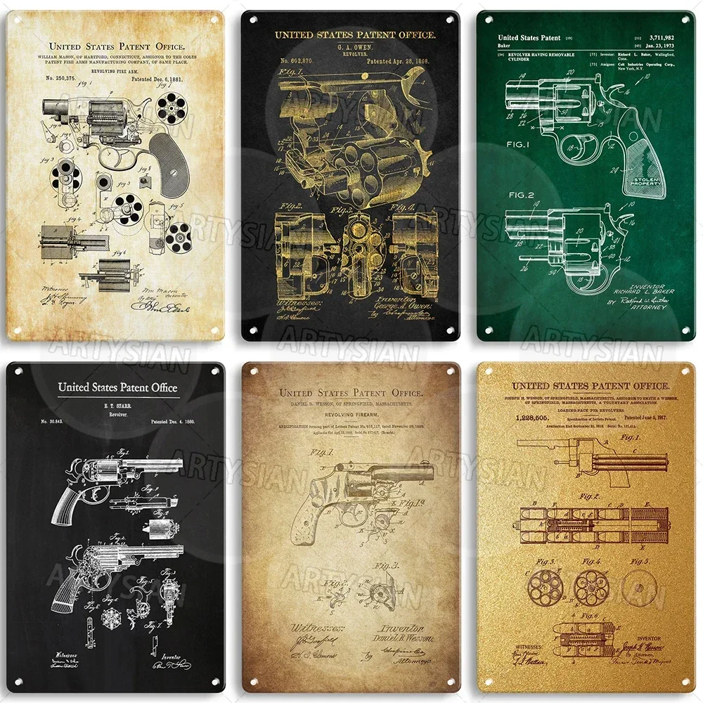 Revolver Patent Metal Sign Handgun Plaque Pistol Technical Drawing Poster George A. Owen LeMat Smith & Wesson Mason Ehrets