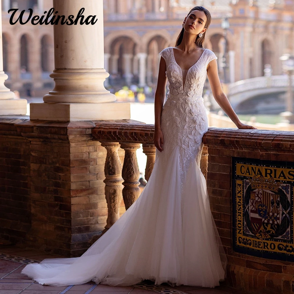 Vestido de novia personalizado de tul sirena de lujo Weilinsha para novias 2024 Sexy cuello en V profundo manga casquillo nupcial con lentejuelas personalizado