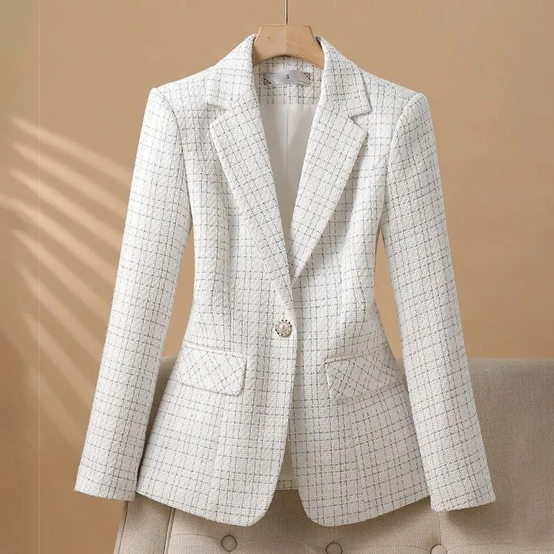 Fashionable White Checkered Suit Jacket For Women 2025 Spring Autumn  Small Fragrant New Design Elegant Suit Coat Female Blazer