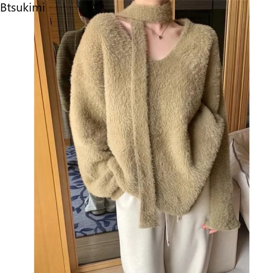 

2025 Women Imitation Mink Solid Color V-neck Skin Friendly Soft Loose Baggy Pullover Sweater Match Scarf Casual Fall Winter Wear