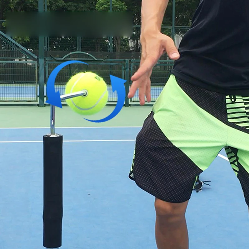 Portable rotating tennis training device forehand and backhand swing practice device volley cutting serve