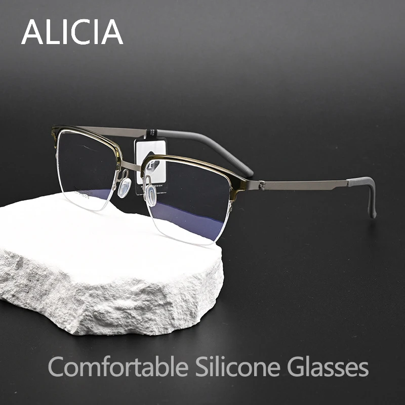 

ALICIA Luxury Fashion Square Full Frame Silicone Ultra Light Alloy Eyewear Optical Prescription Glasses Frames Man Woman