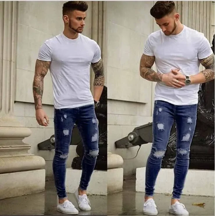 Men Jeans Denim Pencil Pants Distressed Mid Waist Sheath Ankle Length Zipper Fly Pockets Slim Washing High Street 2024