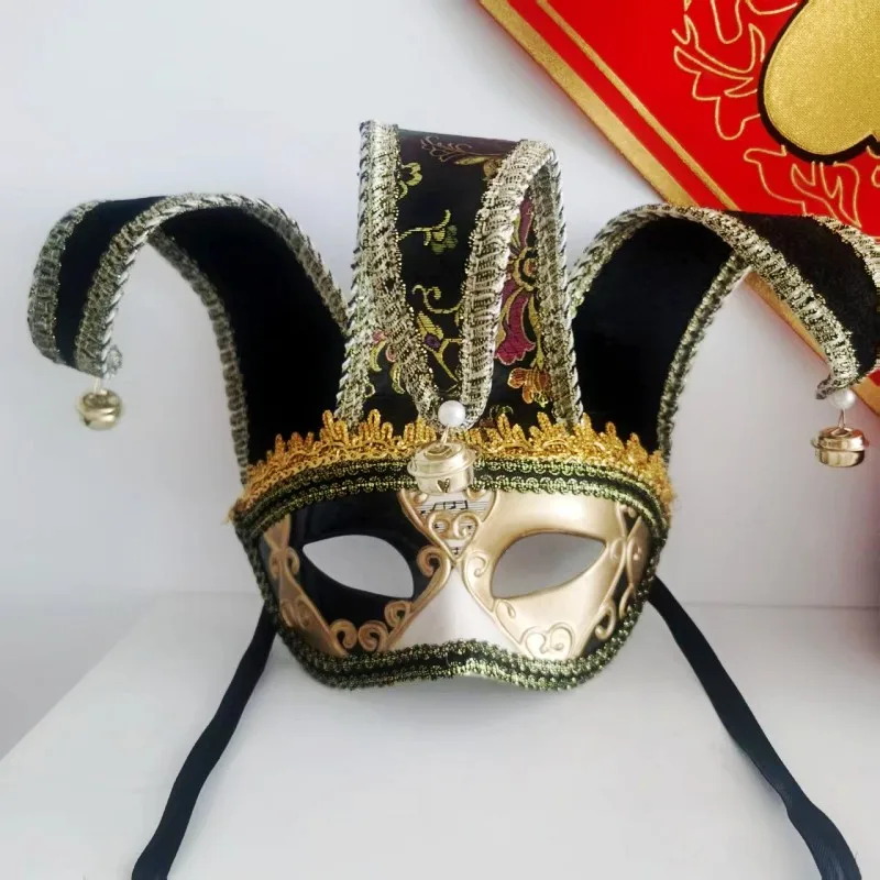 

Italian Venetian Jester Mask with Bells, Vintage Half Face Masquerade Ball Mask for Carnival Costume Party Accessory Gift
