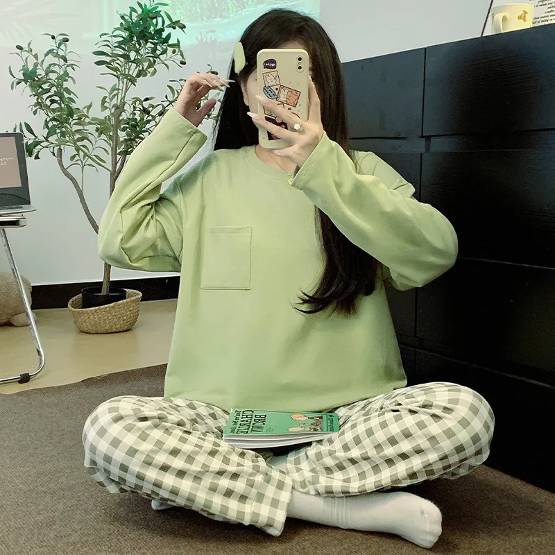 Plaid Women Pajamas Set Combed Cotton Pyjama Sweatsuits Pijama Female Loungewear Homewear Sleepwear LongSleeve Top Pants Suit
