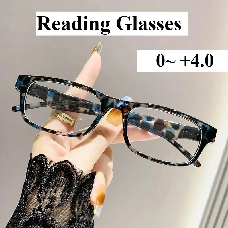 0~ +4,0 Leoparden-Lesebrille, Anti-Blaulicht-Druck, Presbyopie-Brille, neutral, rechteckig, schwarzer Brillenrahmen, ältere Menschen