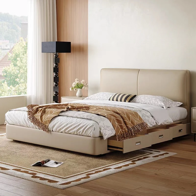 イタリアのミニマリストレザーベッド、モダンミニマリストマスターベッドルームウェディングベッド