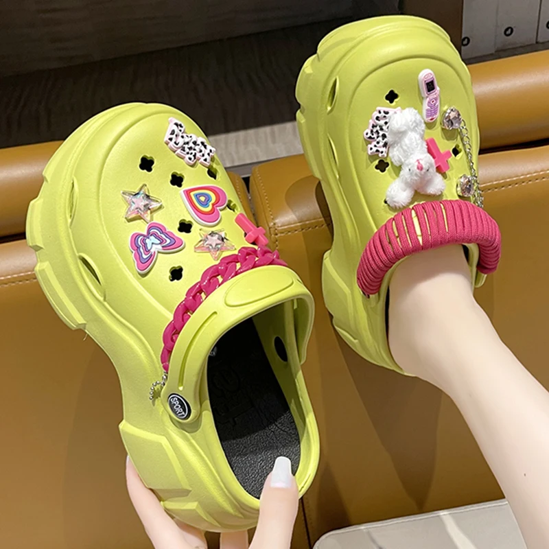 Summer Women Slippers Cross Decoration Garden Sandals Platform Clogs EVA Flip Flops Y2K Outdoor Vacation Shoe For Female 34-41