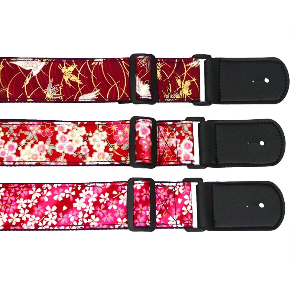 Vintage Guitar Strap Cherry Blossom Red Crowned Crane Electric Guitar Belts Waves Ethnic Style Guitar Shoulder Belt