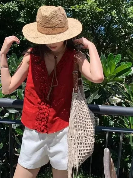 Gilet da donna Faionable con finiture in pizzo Rosso off-spalla Svel V-Ne Sweet Sle Pure Color Summer irt
