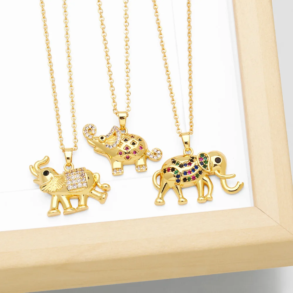 FLOLA Copper CZ Crystal Elephant Necklaces For Women Gold Plated Animal Necklaces Faith Jewelry Gifts nkeb810