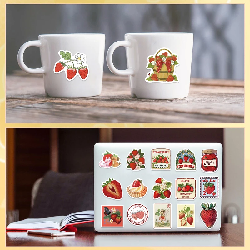 50Pcs Cute Strawberry Stickers Cartoon Waterproof Vinyl Fruit Decals for Water Bottle,Skateboard,Guitar,Phone,Computer,Diary