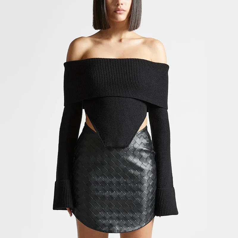 

Women's Autumn Fashion Off-Shoulder Slim-Fit Long Sleeve Knit Sweater Solid Color Backless Top Casual Elegant Garment