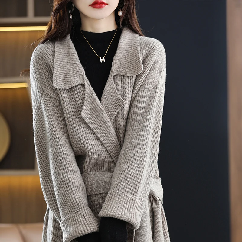 Autumn And Winter 100% Pure Wool Cardigan Mid-Length Coat Knitted Sweater Women\'s Thickened Sweater With Pockets Overcoat JQ186