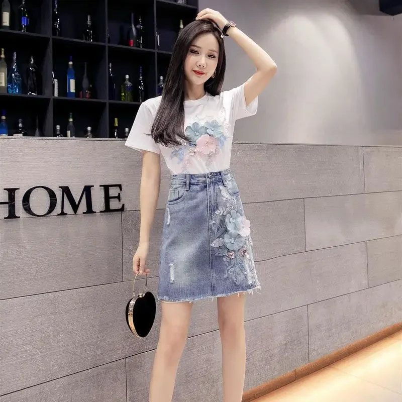 Women's Two Piece Set Commuting Short Mini Blue Lightly Cooked Party Kawaii Denim White Skirt Sequin Embroidered Female Outfits