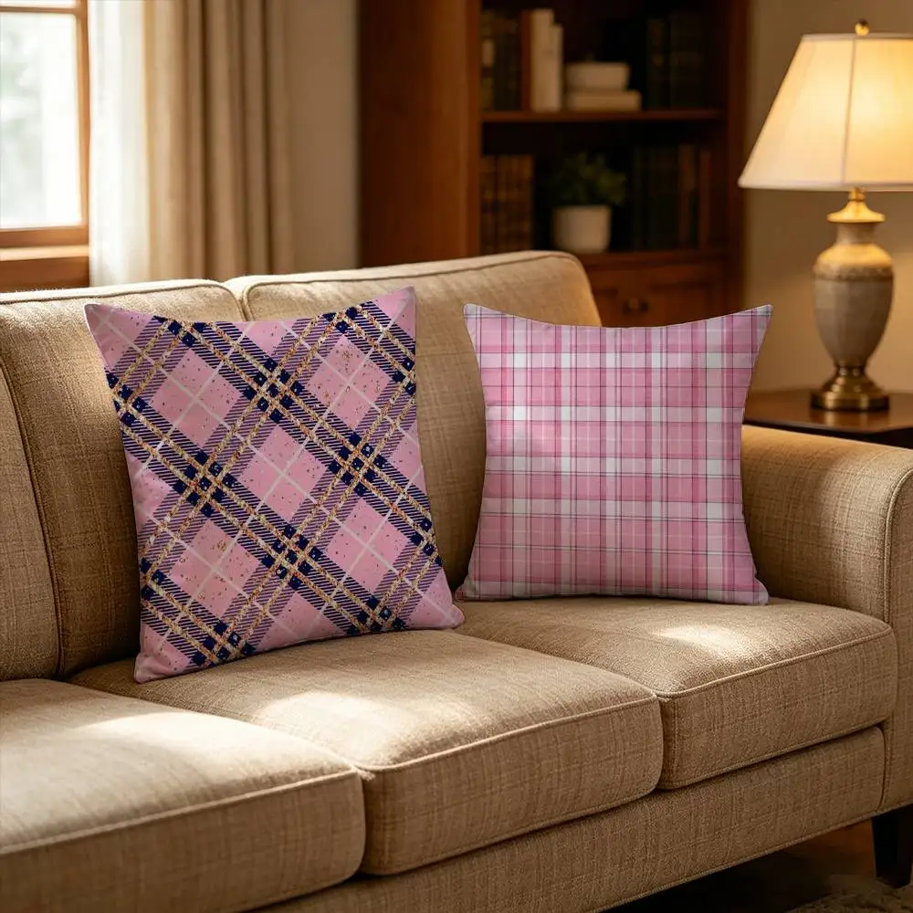 Pink Plaid Pattern Pillow Case Cushion Cover Throw Pillow Case For Car Sofa