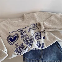 Korean Fashion Women's Gray Embroidered Round Neck Short Sweatshirts Autumn Long Sleeves Vacation Pullovers Tops Casual Popular - Image 2