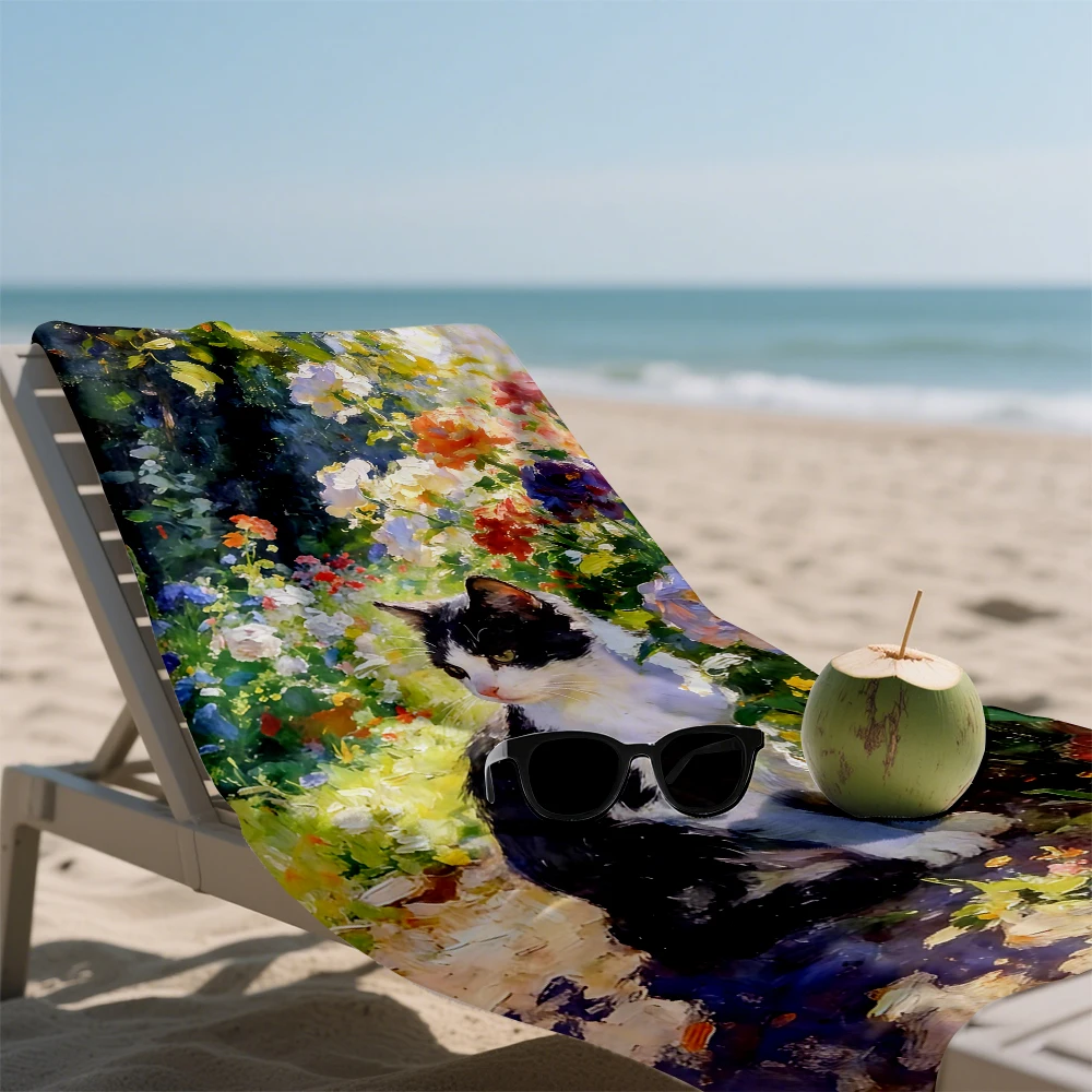 Impressionist Garden Cat Compact Travel Beach Towel Super Absorbent Sand Resistant, Microfiber for Swimming Camping Yoga view 4