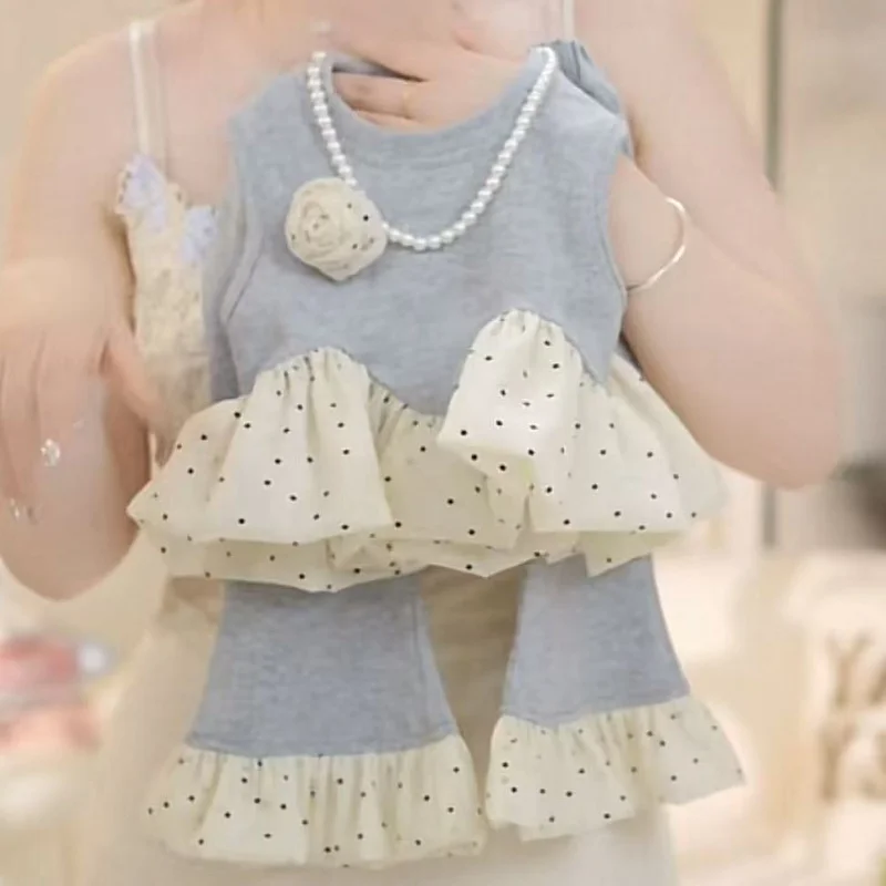 

Korean Little Girl Summer Elegant Outfit2025New Niche Patchwork Polka Dot Vestt+Bell-bottom pants