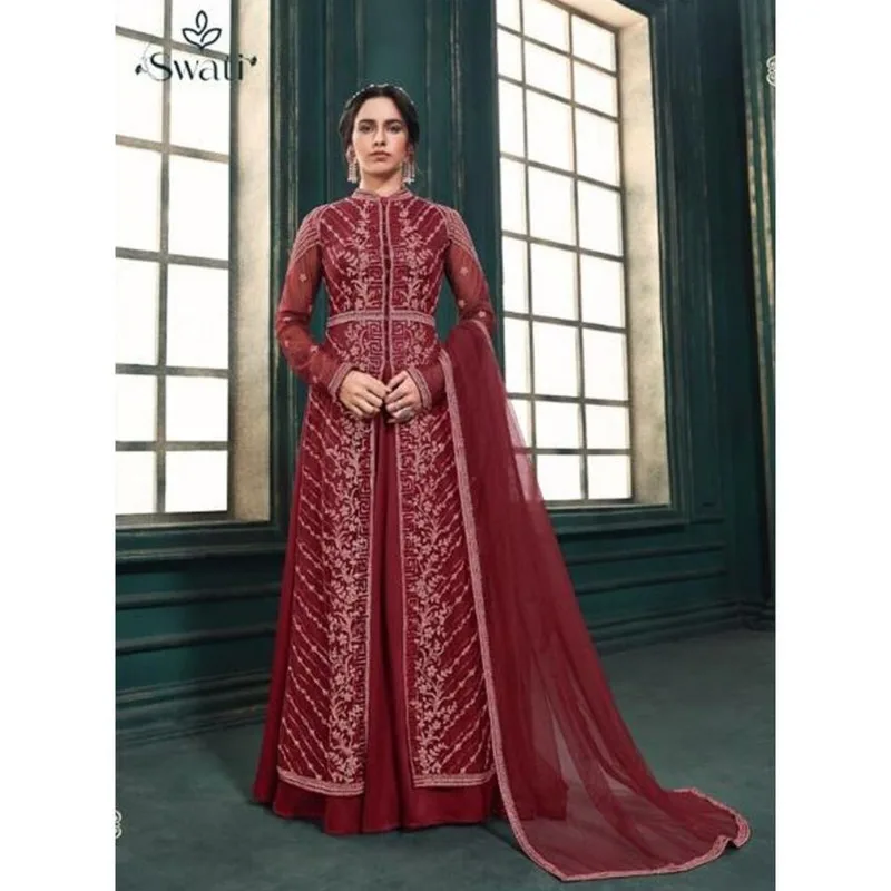 Divertido color rojo diseñador piso táctil Anarkali vestido Salwar Kameez traje de placer