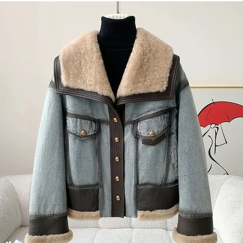 High Quality Denim Women’s Winter Jackets With Natural Sheep Leather with Fur Collar White Goose Down Liningm