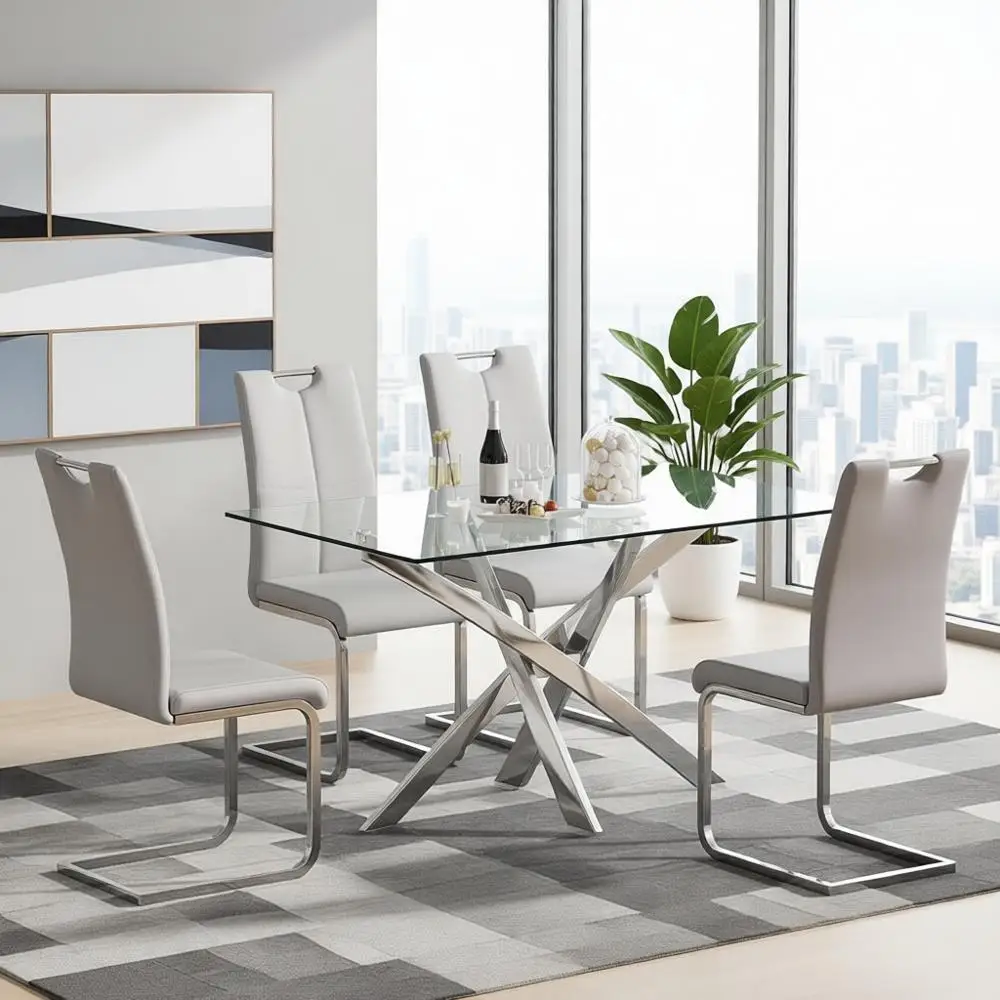 Modern 5-Piece Dining Set with Rectangular Glass Table and 4 Light Grey PU Leather Chairs