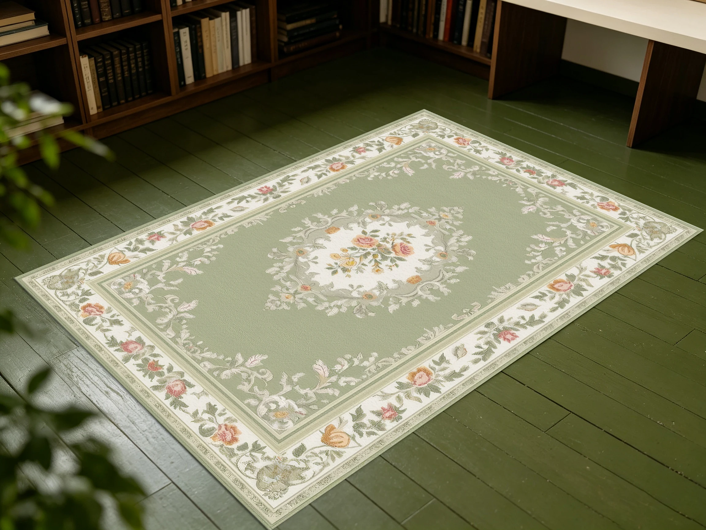 2D Carpet, 2D Matcha Green French Vintage Floral Carpet - Soft and Comfortable, Suitable for Living Room and Bedroom, Enhances the Sense of Space And..
