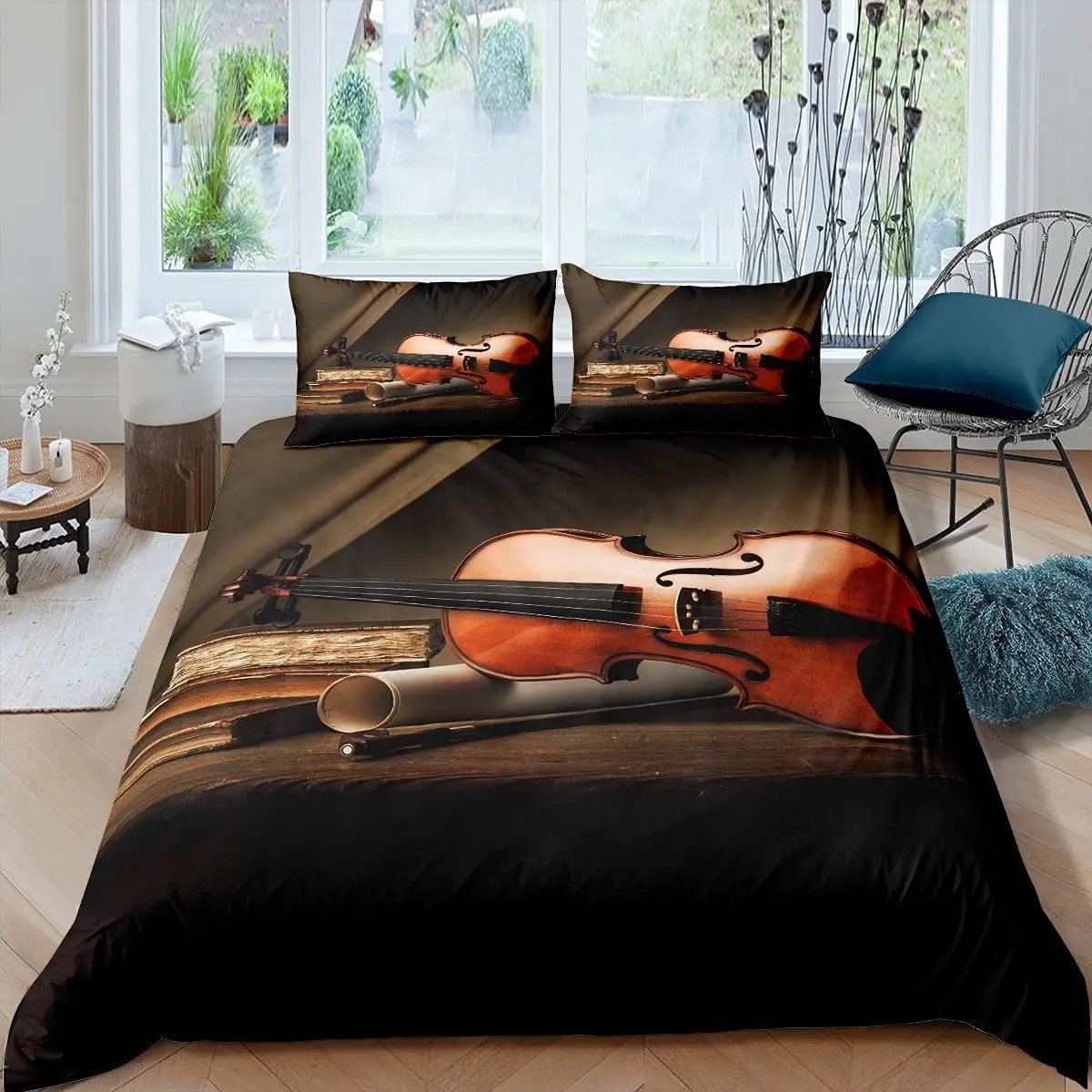 Violin King Queen Duvet Cover Flowers Roses Bedding Set Stringed Instruments Comforter Cover Fashion Music Polyester Quilt Cover