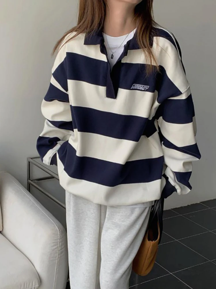 Harajuku Striped Sweatshirt Women Korean Style Preppy Pullover Female Fashion Polo Sweatshirt Ladies Casual Long Sleeve Top