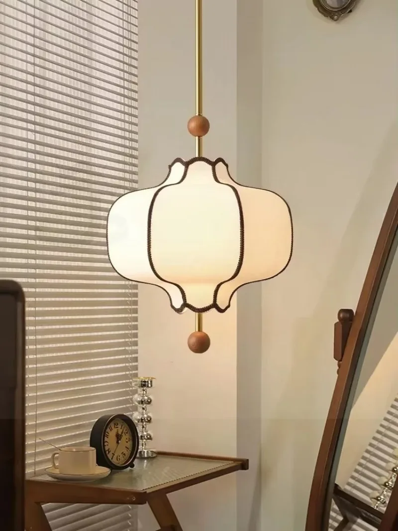 Vintage Fabric Lampshade Pendant Light Circular LED Room Dining Table Apartment Wooden Ball Lighting Fixture E27