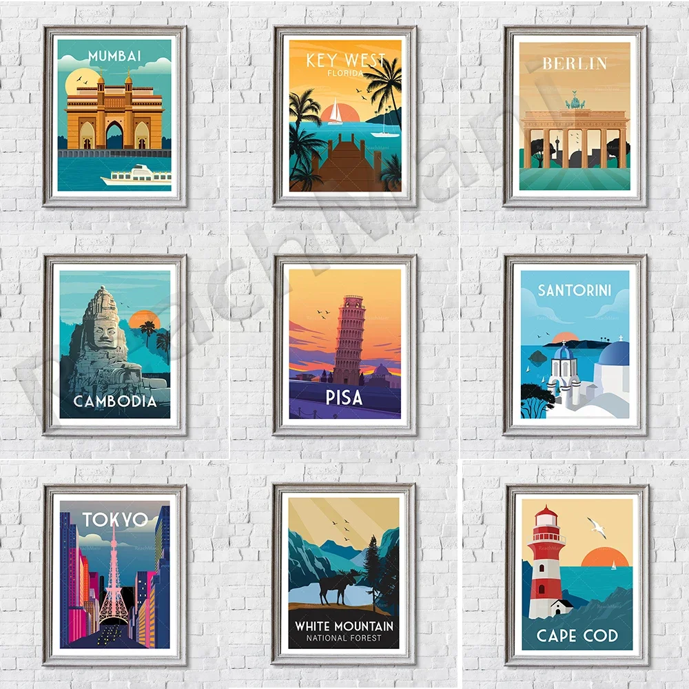 Vintage travel poster, Massachusetts, California, Big Sur, Jakarta, Indonesia, Santorini, Grand Teton, Pisa Tower, Cyprus, Cypru