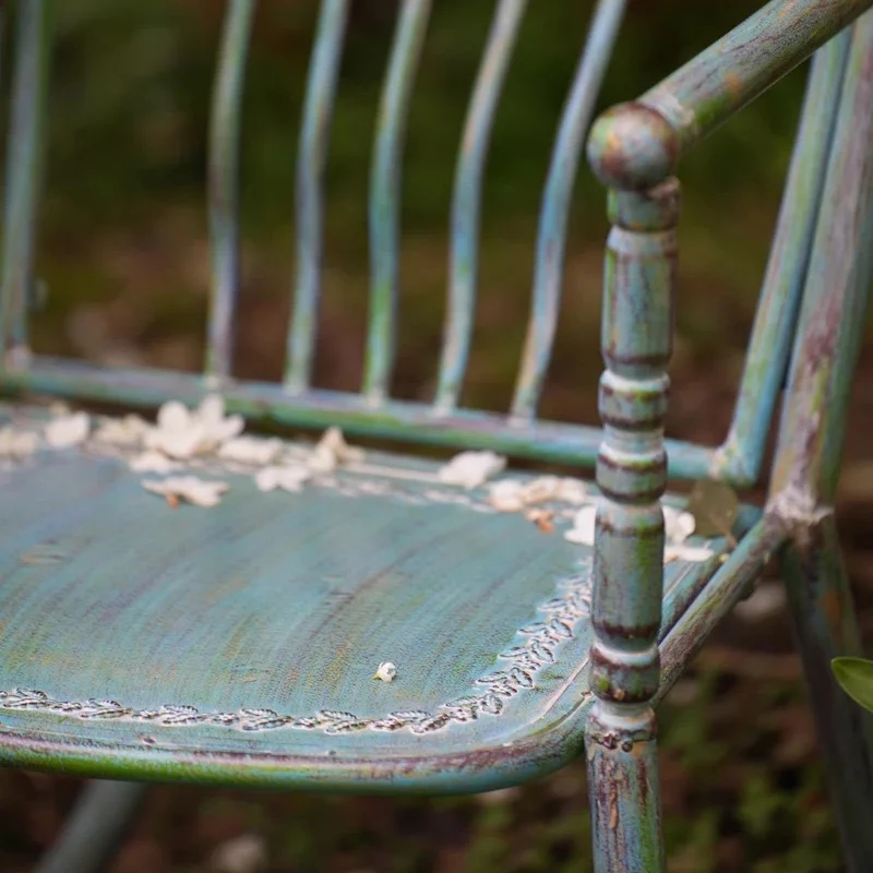 Vintage Blue Iron Garden Rocking Chair with Armrests