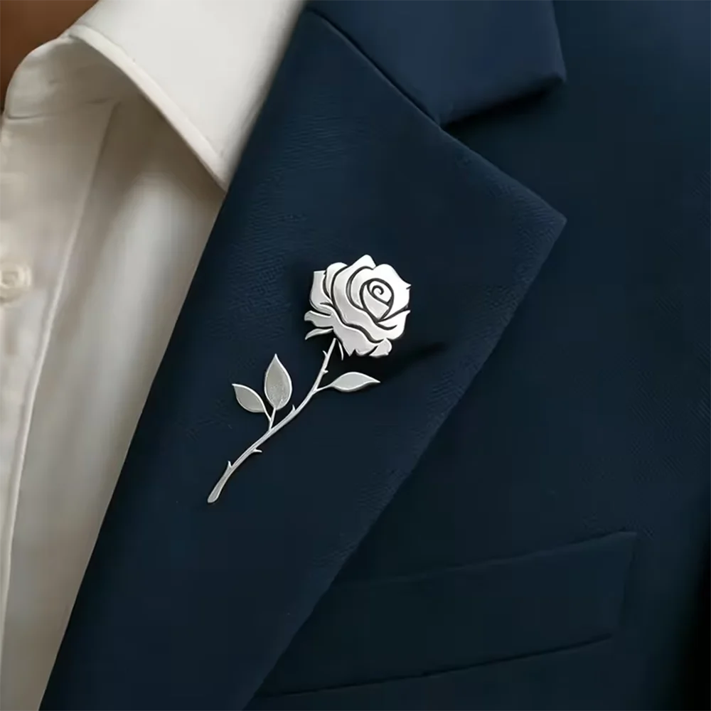 Custom Rose Flower Brooch for Men Stainless Steel Personalized Photo Badge Wedding Party Business Suit Collar Accessory Gift