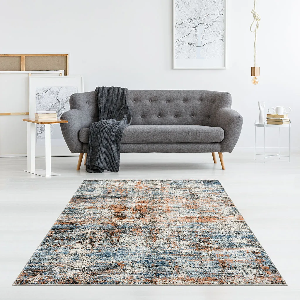 Abstract Distressed Blue Orange Area Rug, Non-Slip Washable Modern Art Carpet for Living Room Bedroom, Stain Resistant Indoor