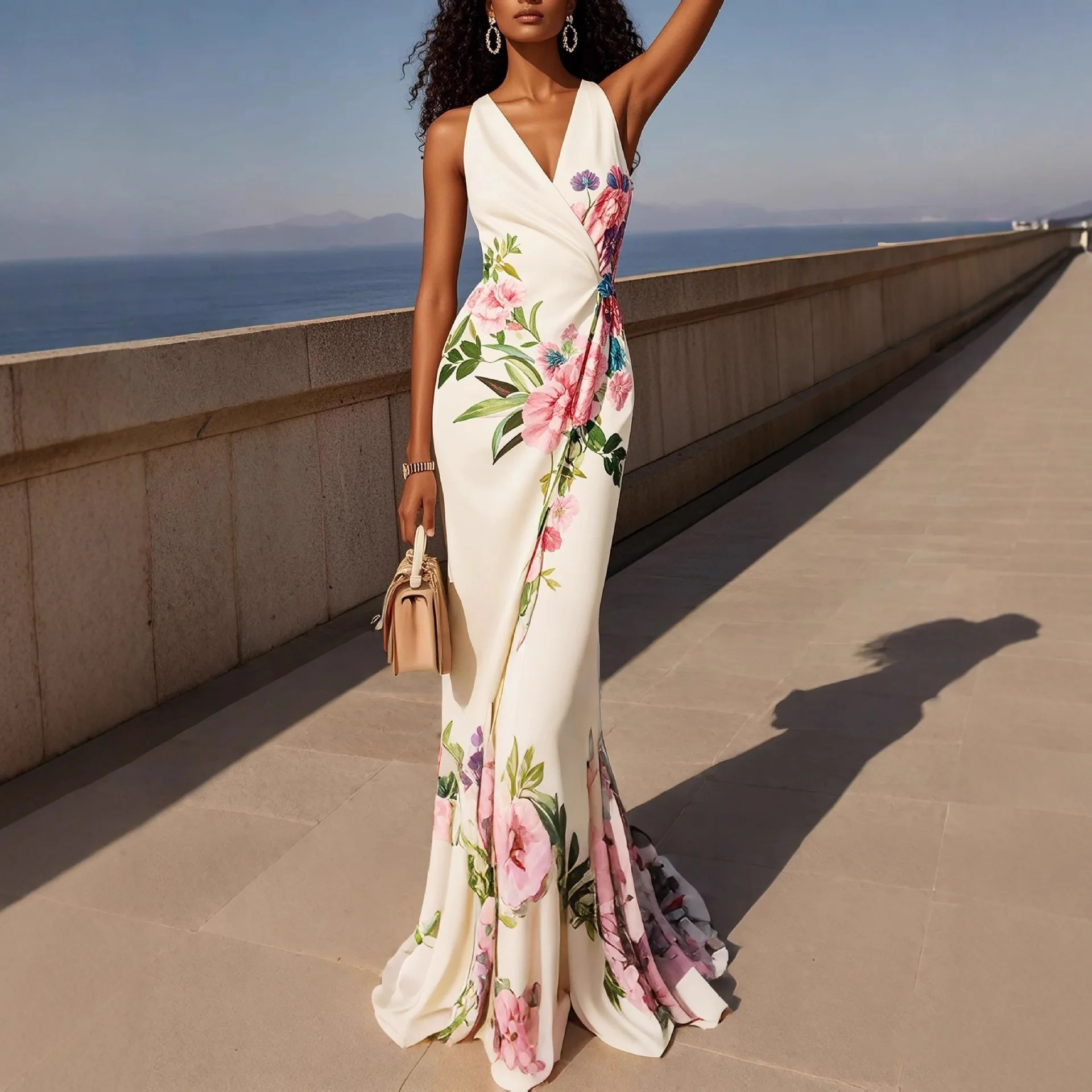 

Sexy Bohemian Maxi Dress Woman Floral Print High Waist Pleated Long Party Dress Summer Elegant V Neck Commute Bodycon Dresses