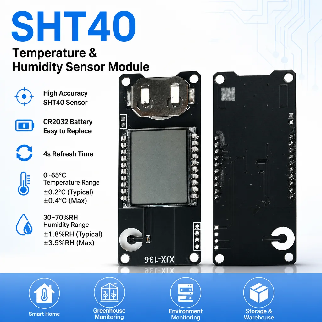 SHT40 Digital Temperature Humidity Detector Module Low Power Consumption With Bracket CR2032 Battery For Tea Cabinet Wine