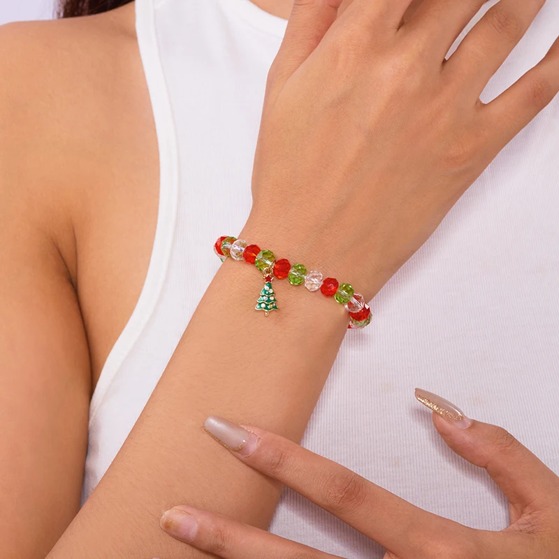 Bonita pulsera navideña con cuentas de cristal para mujer, Papá Noel, árbol de Navidad, colgante de copo de nieve, brazalete de cuentas, joyería para fiesta de Año Nuevo