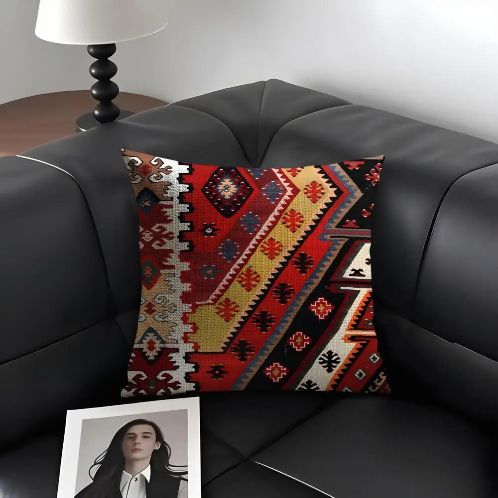 Turkish Kilim Carpet Cushion Cover Natural Linen Organic Fabric Double-Sided Printing Breathable Perfect Gift For Decor