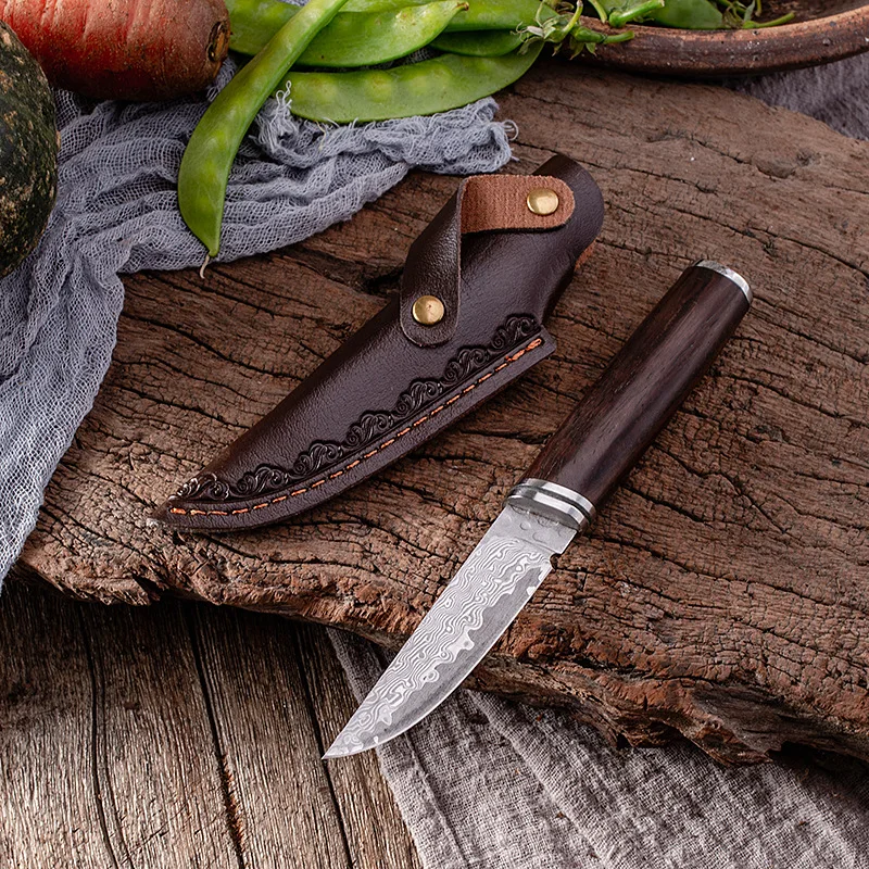 XUANTENG Multi purpose Small Knife with Leather Sheath Damascus Steel Beef and Lamb Knife Outdoor Small Knife Fruit