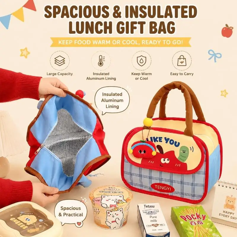 Kawaii Cartoon Insulated Lunch Tote Bag Lightweight Thermal Cooler Adorable Print for Kids Students Women Office Picnic Travel